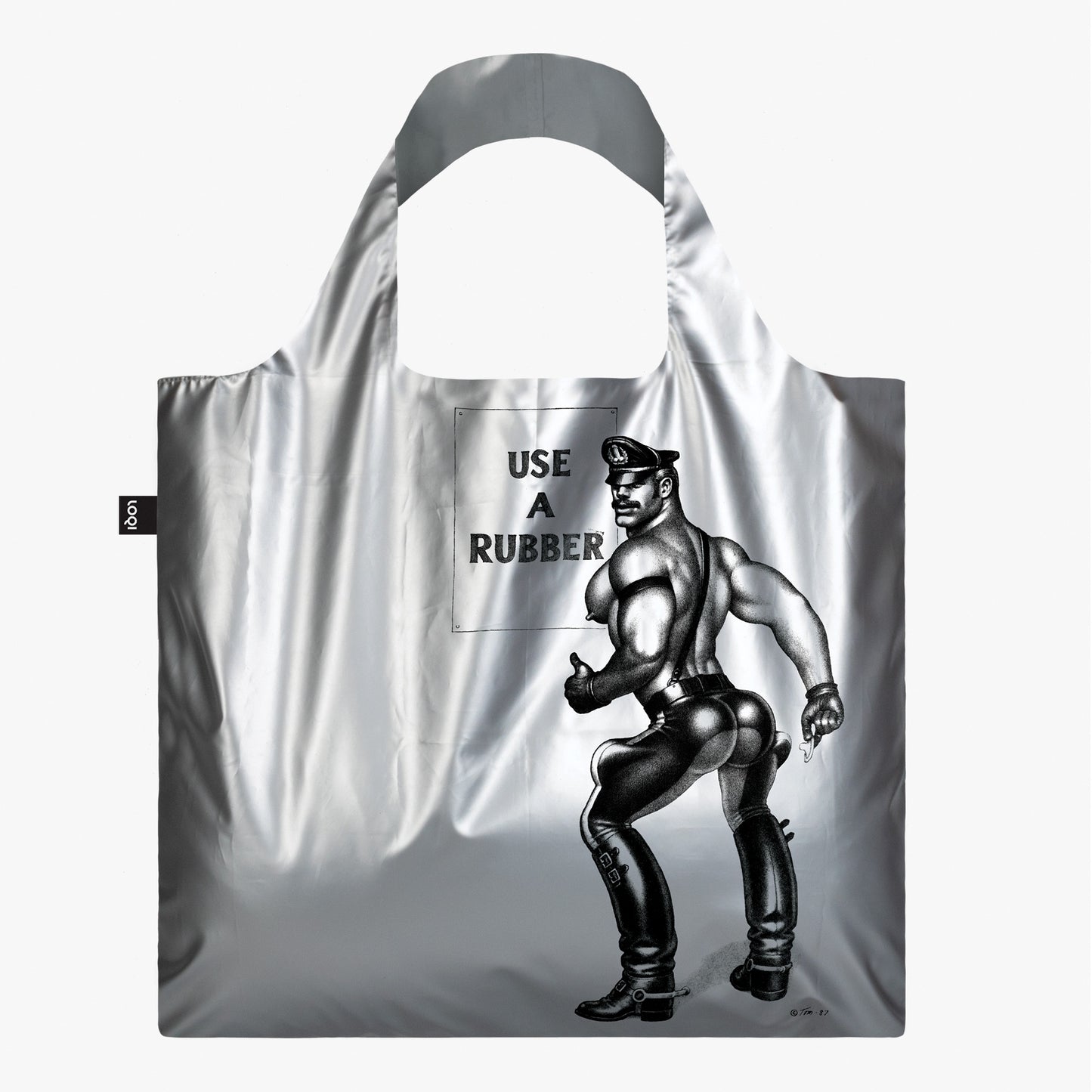 Tom of Finland Tote Bag - Use a Rubber, Silver Metallic